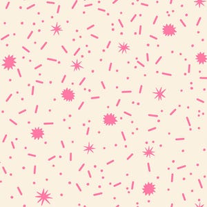 May include: A repeating pattern featuring pink sprinkles, dots, and starburst shapes set against a cream-coloured backdrop. The design is evenly spaced, creating a playful and festive aesthetic. Suitable for various applications.
