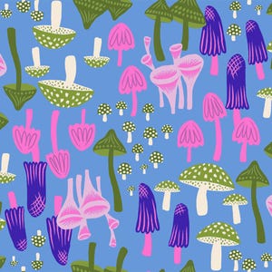 May include: A whimsical pattern of colorful mushrooms in various shapes and sizes against a bright blue background. The mushrooms feature shades of green, pink, purple, and white, creating a playful and vibrant design. This pattern is suitable for fabric, wallpaper, or other decorative applications.