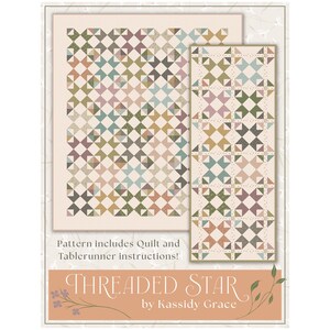 May include: A quilt and table runner pattern titled "Threaded Star" by Kassidy Grace. The designs feature a repeating diamond pattern in shades of green, blue, pink, and brown on a cream background. The pattern includes instructions for both projects.