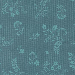 May include: Teal fabric with a vertical striped texture and a repeating pattern of stylized floral and leaf silhouettes in a lighter teal shade. The design features various flower and foliage arrangements.