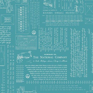 May include: Teal-colored vintage-style paper with white text and illustrations. The design includes a typewriter, charts, and text blocks. The National Company logo is visible. The paper has a retro aesthetic.