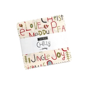 May include: A stack of fabric squares with a cream background and Christmas-themed text in red, green, and black. The words "CHRISTMAS", "LOVE", "MERRY", "JINGLE", and "JOY" are visible. A white band reads "CHILLY" by Sweetwater.