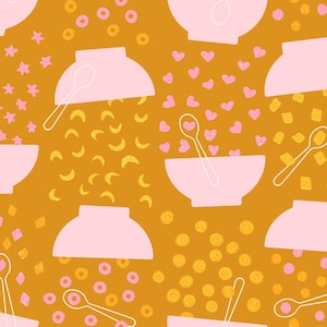 May include: A repeating pattern featuring pink bowls with spoons, hearts, stars, and other shapes on a mustard yellow background. The design has a whimsical, playful feel, suitable for fabric or wallpaper.