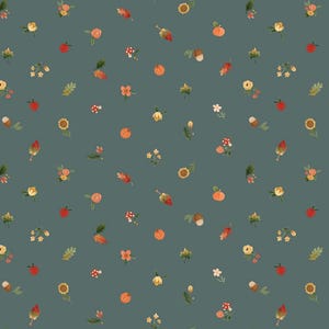 May include: A teal pattern with watercolour illustrations of autumn elements. The design includes small pumpkins, acorns, mushrooms, sunflowers, leaves, and various floral arrangements. The overall aesthetic is reminiscent of autumn.