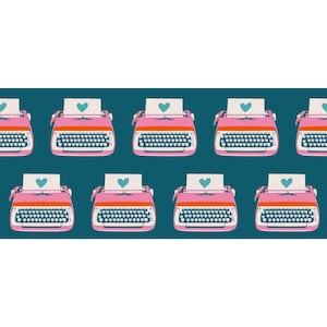 May include: A repeating pattern of pink typewriters with orange accents and white paper featuring a blue heart. The background is a teal color. The typewriters are evenly spaced across the image.