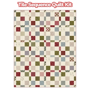 May include: A patchwork quilt kit with a checkerboard design. The quilt features squares in various colors and patterns, including red, green, blue, and cream. The text "Tile Sequence Quilt Kit" is at the top.