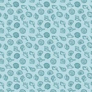 May include: A seamless pattern featuring various seashells in shades of teal and white, set against a light blue speckled background. The design includes detailed illustrations of different shell types, creating a coastal or nautical theme.