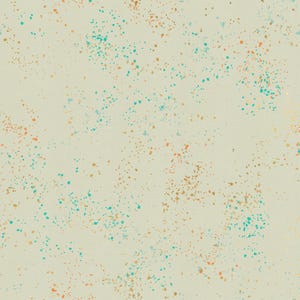 May include: A seamless pattern featuring a cream-colored background with scattered speckles of teal, orange, and gold. The design has a random, organic feel, resembling paint splatters or confetti.