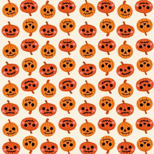 May include: A repeating pattern of orange jack-o'-lanterns with black facial features and green stems. The pumpkins have various expressions, including smiling and winking, set against a cream-colored background. This design is perfect for Halloween-themed products.