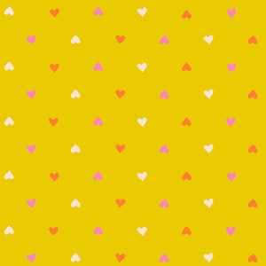 May include: A repeating pattern of small hearts in white, pink, and coral against a bright yellow background. The hearts are evenly spaced, creating a cheerful and playful design. This pattern is suitable for various applications, such as fabric or wallpaper.
