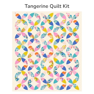May include: A quilt kit with a repeating pattern of colorful, overlapping shapes. The design features a variety of colors, including pink, blue, yellow, and green, set against a cream background. The text "Tangerine Quilt Kit" is at the top.