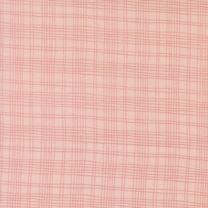 May include: A light pink fabric featuring a pattern of thin, intersecting dark pink lines that create a grid-like texture across the surface. The lines are slightly irregular and vary in spacing, forming a subtle, woven-style geometric design.