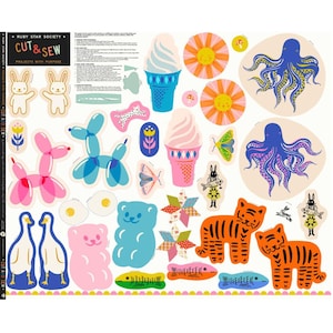 May include: A colorful fabric panel featuring various cut-and-sew designs. Includes ice cream cones, flowers, an octopus, tigers, and other whimsical shapes. The text "RUBY STAR SOCIETY CUT & SEW PROJECTS WITH PURPOSE" is visible.