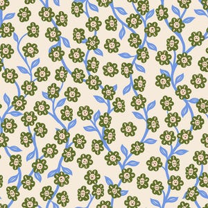 May include: A repeating pattern of smiling green flowers with light pink centers and blue stems and leaves on a cream background. The floral design has a whimsical, cartoonish style, suitable for fabric or wallpaper.
