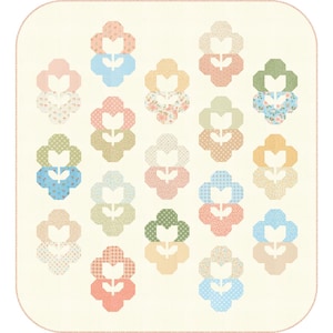 May include: A quilt pattern with a repeating design of stylized flowers in shades of pink, blue, green, and yellow. The flowers are made up of smaller squares and rectangles, creating a patchwork effect.