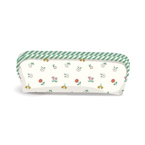 May include: A rectangular pencil case with a floral design. The case has a white base decorated with small red, pink, and yellow flowers. The top edge is trimmed with a green and white striped pattern.