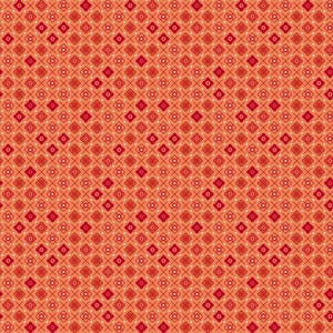 May include: A repeating pattern of small, stylized flowers and crosses in shades of red and white on a peach-colored background. The design is symmetrical and covers the entire surface, creating a visually dense and textured effect.