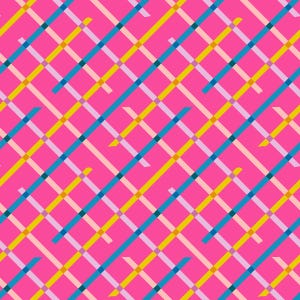 May include: A vibrant, abstract pattern featuring a grid of intersecting lines in various colors. The background is a bright pink, with lines in blue, yellow, light pink, and teal creating a dynamic, diagonal design. The overall effect is a modern, colorful graphic.