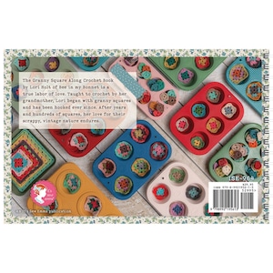 May include: The Granny Square Along Crochet Book by Lori Holt of Bee in my Bonnet features a text description on the cover and various colorful crocheted granny squares placed inside multiple silicone muffin pans in red, blue, pink, and green.