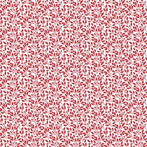 Peut inclure: Motif répété de feuilles et de branches rouges sur fond blanc. Les feuilles, petites et ovales, créent un design dense et texturé. Les branches, fines et délicates, ajoutent du mouvement à l'ensemble du motif.