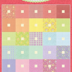 May include: A patchwork quilt pattern in a variety of pastel colours. The design features squares of pink, orange, yellow, green, and blue, each with a small white square in the centre. The text "Coriander Quilts by Corey Yoder" is at the top.