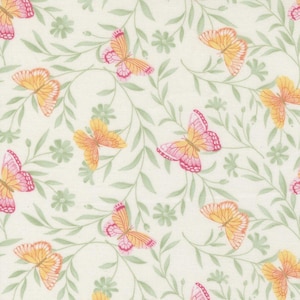 May include: A cream-coloured pattern featuring butterflies and foliage. The butterflies have pink and yellow wings, while the leaves and flowers are light green. This design is suitable for fabric or wallpaper.