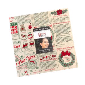 Puede incluir: Un panel de tela con un diseño de periódico vintage, con ilustraciones navideñas en rojo y verde. El panel incluye texto como "Holiday Cheer" y "Christmas Dinner".