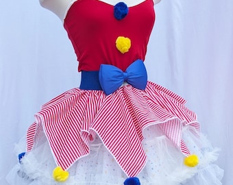 VK Freakshow arlequín babydoll rojo blanco amarillo azul lunar payaso kei clowncore disfraz de payaso Halloween vestido
