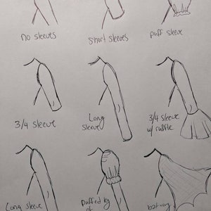 Puede incluir: Bocetos dibujados a mano de diferentes estilos de mangas para el dise&ntilde;o de ropa. Los estilos incluyen sin mangas, mangas cortas, mangas abullonadas, mangas 3/4, mangas largas, mangas 3/4 con volante, mangas largas con volante, mangas abullonadas con volante y un kimono de murci&eacute;lago.