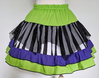 Neon green, purple, and black stripe goth clowncore skirt adult small to plus size