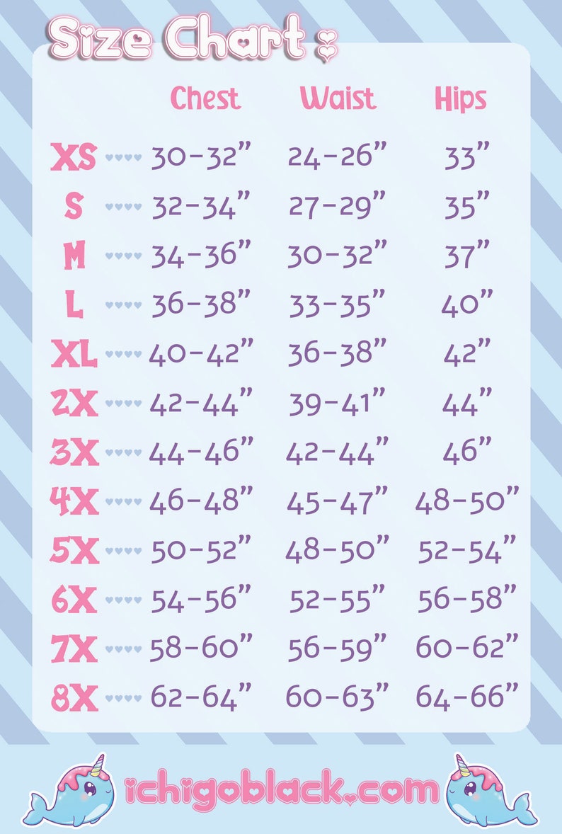 May include: A size chart with measurements for chest, waist, and hips in inches. The chart includes sizes XS through 8X. The chart is on a light blue background with pink hearts and a pink border.