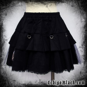Black pleated skirt with chain and organza ruffle visual kei goth adult small to plus size