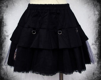 Black pleated skirt with chain and organza ruffle visual kei goth adult small to plus size