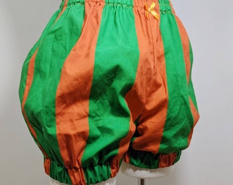 Shorts de abóbora com listras grandes laranja e verde, micro mini bloomers, para mulheres adultas, tamanhos pequeno a plus size