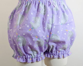 Purple unicorn soft warm flannel sleep shorts pajama kawaii cute micro mini bloomers adult--small to plus size