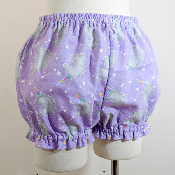 Purple unicorn soft warm flannel sleep shorts pajama kawaii cute micro mini bloomers adult--small to plus size