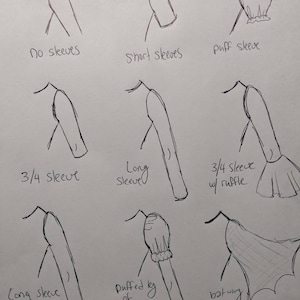 May include: Hand-drawn sketches of different sleeve styles for clothing design. The styles include no sleeves, short sleeves, puff sleeves, 3/4 sleeves, long sleeves, 3/4 sleeves with a ruffle, long sleeves with a ruffle, puffed sleeves with a ruffle, and a batwing kimono.
