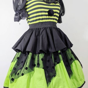 VK Freakshow harlequin lime green stripes and dots clown kei clowncore clown Halloween costume dress small to plus size