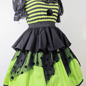 VK Freakshow harlequin lime green stripes and dots clown kei clowncore clown Halloween costume dress small to plus size