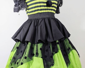 VK Freakshow harlequin lime green stripes and dots clown kei clowncore clown Halloween costume dress small to plus size