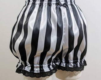 Mini bloomers listrados de cetim preto e branco, burlesco, steampunk, adulto, unissex, tamanho pequeno a plus size