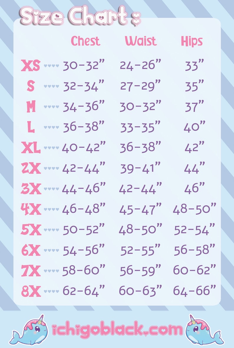 Pode incluir: Uma tabela de tamanhos com medidas para o peito, cintura e quadris em polegadas. A tabela inclui tamanhos XS a 8X. A tabela est&aacute; em um fundo azul claro com cora&ccedil;&otilde;es rosa e uma borda rosa.