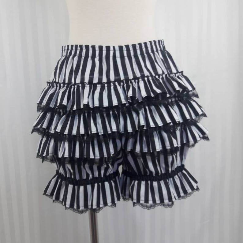 Black and white stripe fancy ruffle short bloomers steampunk lolita adult women small to plus size image 3