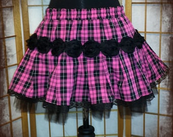 Plaid roses pleated school girl punk lolita skirt adult small to plus size