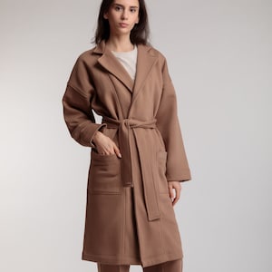 Beige Womens Coat, Long Knit Belted Overcoat, Oversized Fall Winter Coat