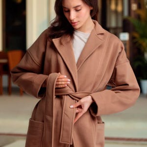 Beige Womens Coat, Long Knit Belted Overcoat, Oversized Fall Winter Coat