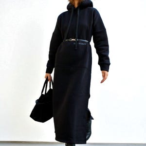 Black Hooded Maxi Dress, Womens Warm Long Sleeve Jersey Dress, Elegant Fall Winter Outfit