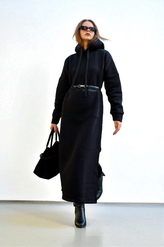 Black Hooded Maxi Dress, Womens Warm Long Sleeve Jersey Dress, Elegant Fall Winter  Outfit