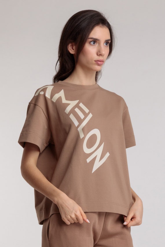 Women's t-shirt, straight casual tshirt, beige tee, shirt with a large milky lettering