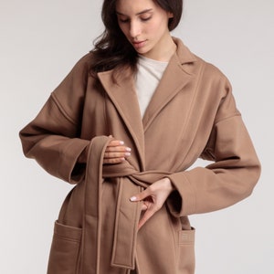 Womens coat, long beige coat, belted cotton coat, brown women coat, oversized coat, casual cardigan, warm lounge coat